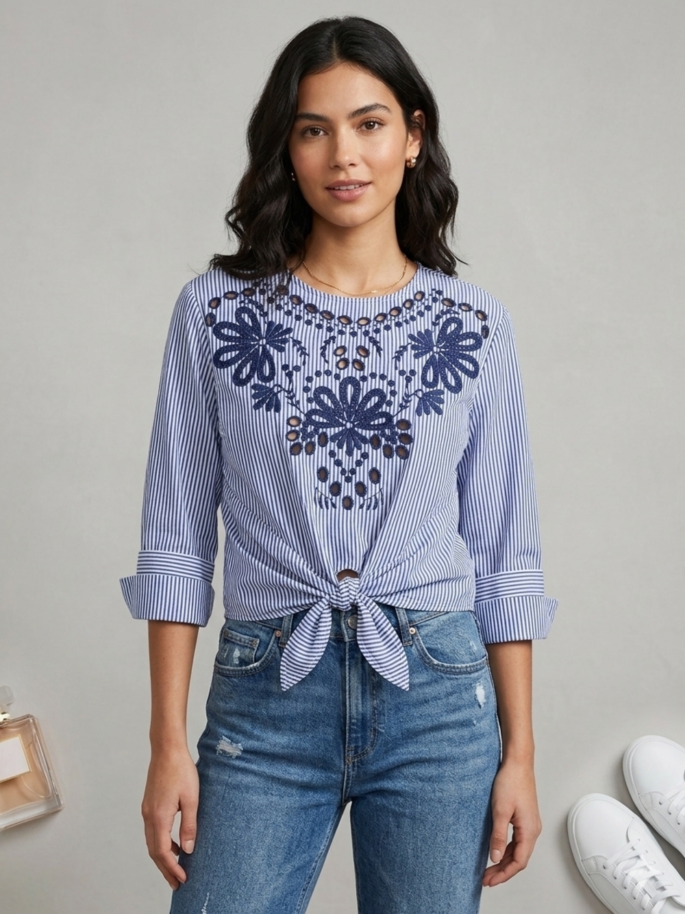 Artisan NY striped Blue Tie-Front Embroidered Women's Blouse Sz S
